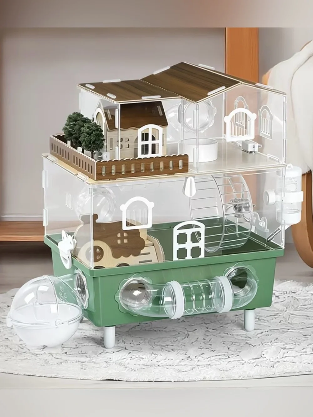 2-Level Hamster Cage with Clear Walls, Tunnels, Wheel & Accessories